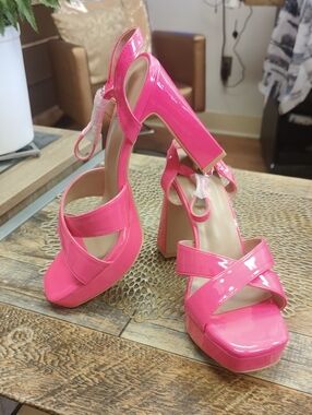 Neon! Hot Pink Patent Platform Block Heel Sandals - Women's